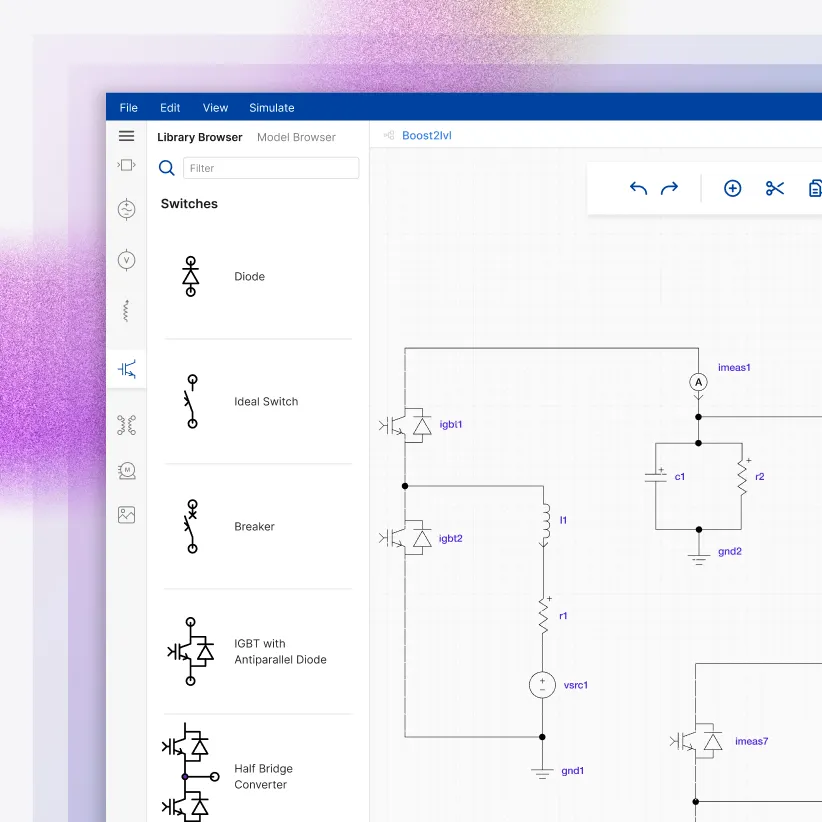 Electrical circuit design software interface showing components like diode, switch, breaker, IGBT with diode.