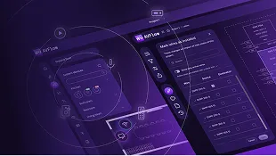 Dark-themed software interface with charts, task lists, and user profile elements on a digital dashboard.