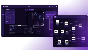 User interface showing a smart home floor plan with connected devices and controls in a dark theme.
