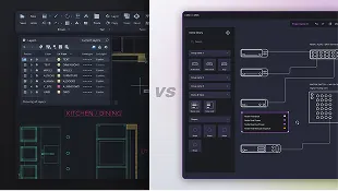 Side-by-side UI comparison: left shows Dark Mode CAD interface, right shows schematic diagram software.