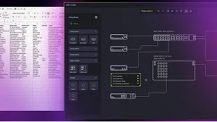 Screen showing data flow and logic blocks in a programming interface with a spreadsheet in the background.