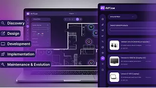 Laptop screen showing a dark-themed interface with a development workflow and floor plan visualization.