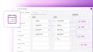 Screenshot of a drag-and-drop user interface builder with calendar icon and connected workflow blocks.