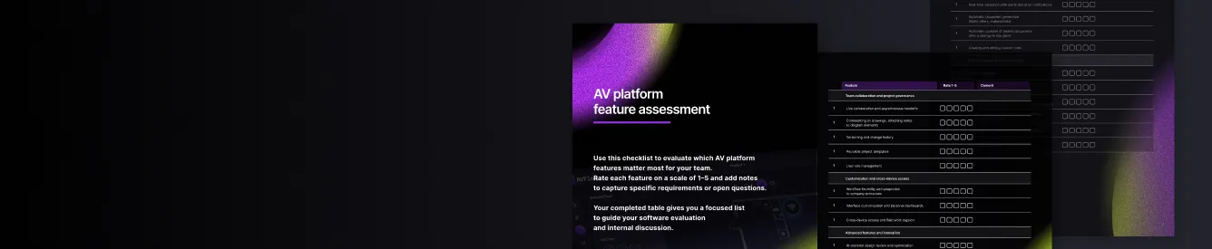 Checklist for evaluating AV platform features with rating scale and notes to guide software evaluation.