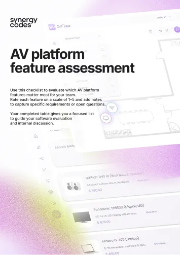 AV platform feature assessment checklist and software evaluation guide with product listings.
