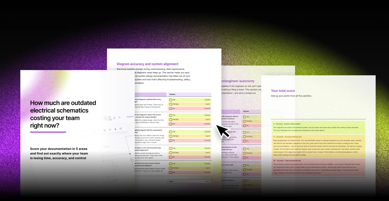Layered checklist-style assessment pages about outdated electrical schematics, displayed over a dark background with purple and lime green gradients.