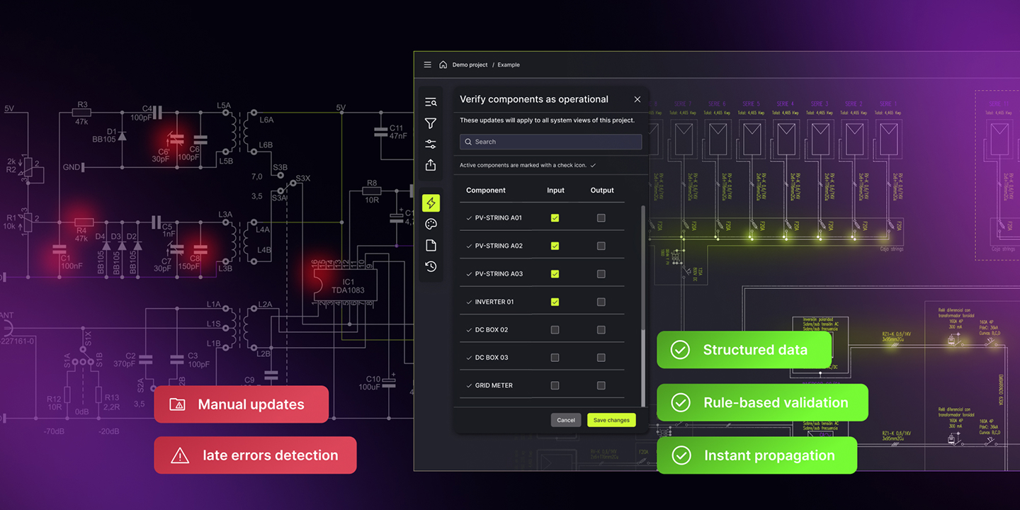 Side-by-side UI comparison: left shows Dark Mode CAD interface, right shows schematic diagram software.