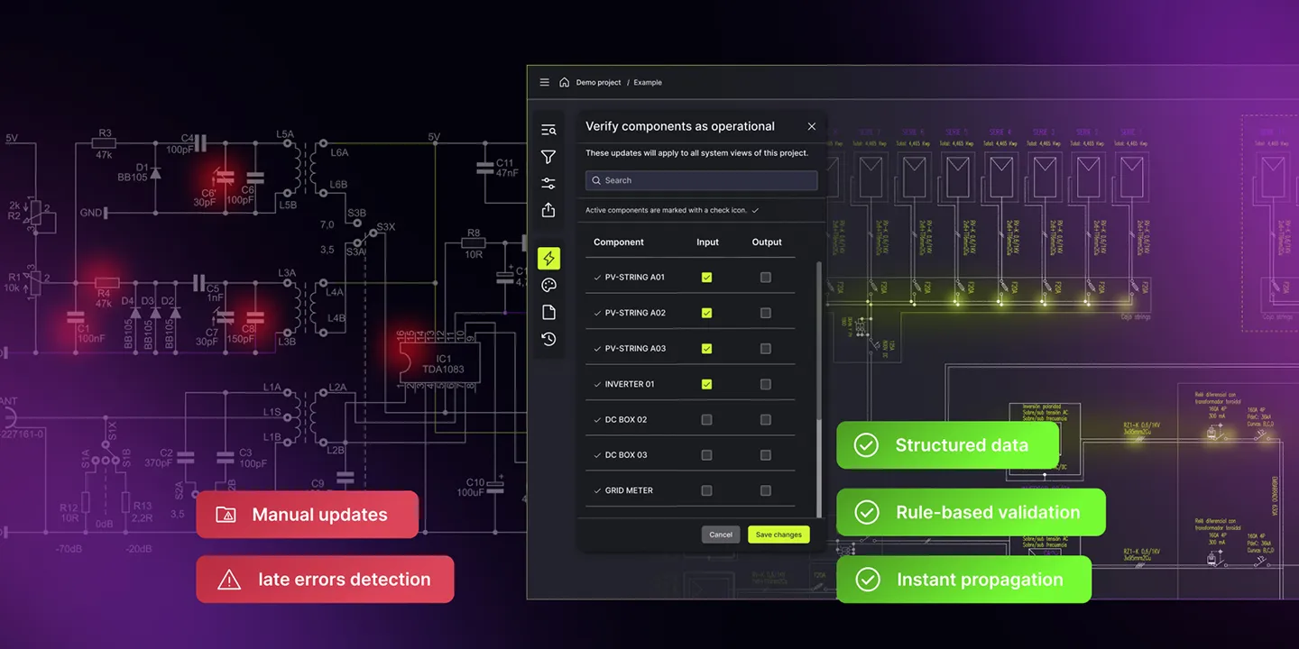 Side-by-side UI comparison: left shows Dark Mode CAD interface, right shows schematic diagram software.