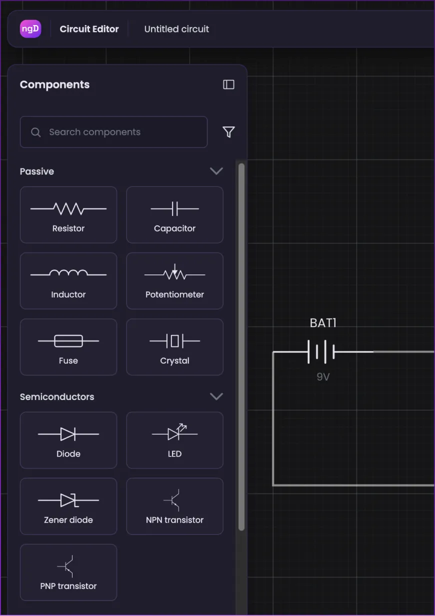 ngDiagram circuit editor with a searchable component palette - passive parts (resistor, capacitor, inductor, potentiometer, fuse, crystal) and semiconductors (diode, LED, Zener diode, NPN and PNP transistors) - and a 9V battery placed on the canvas.