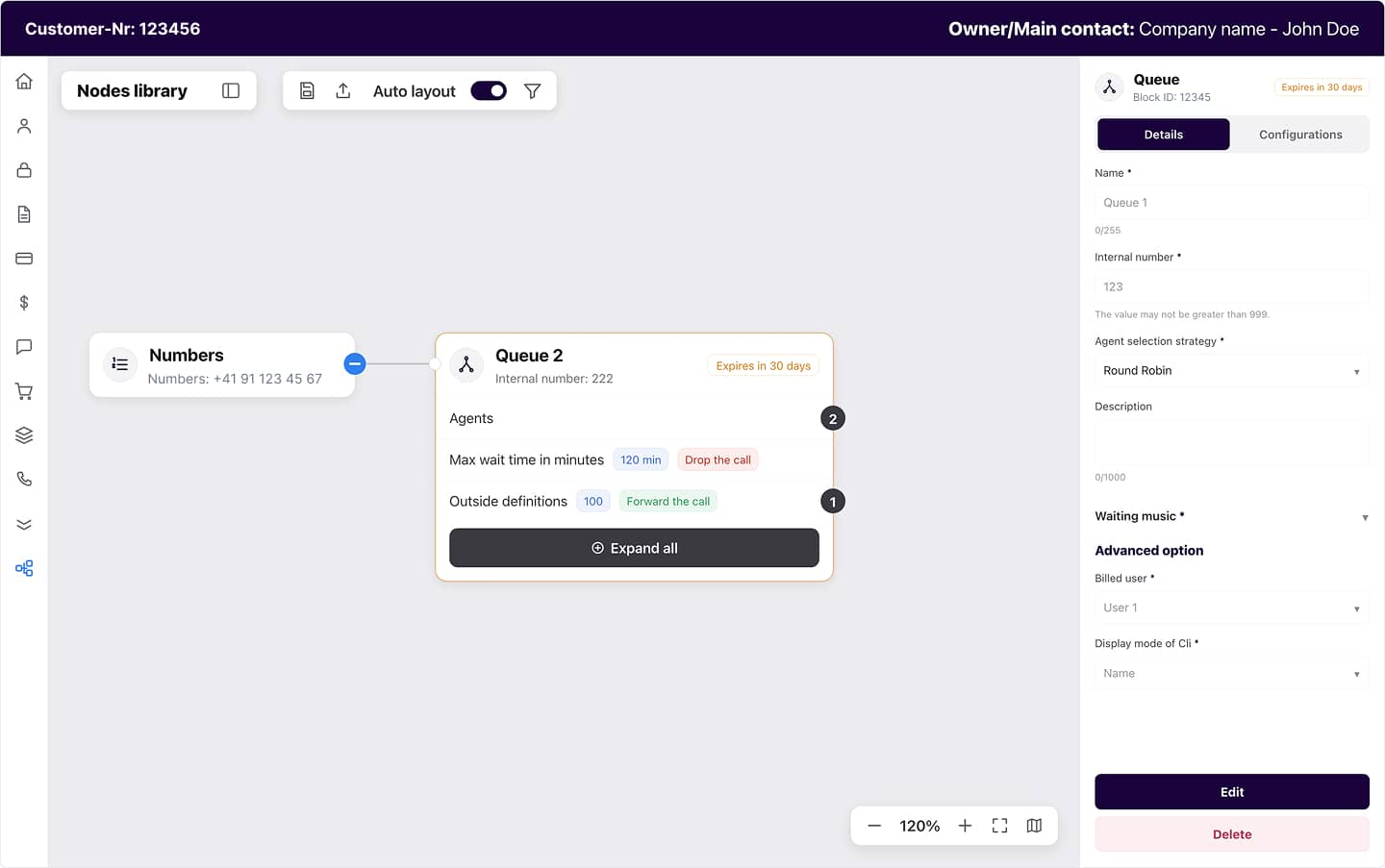 Queue node with grouped details kept compact on the call flow canvas