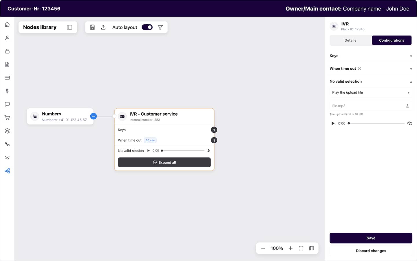 IVR node with an inline audio player for checking recorded announcements without leaving the diagram