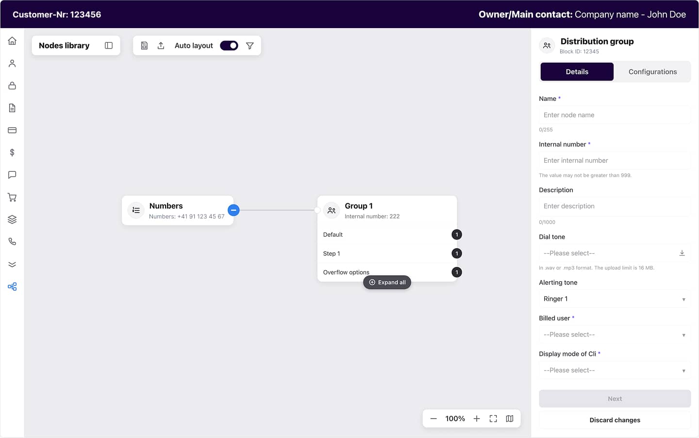 Distribution group node opened alongside its configuration panel in the visual call flow editor