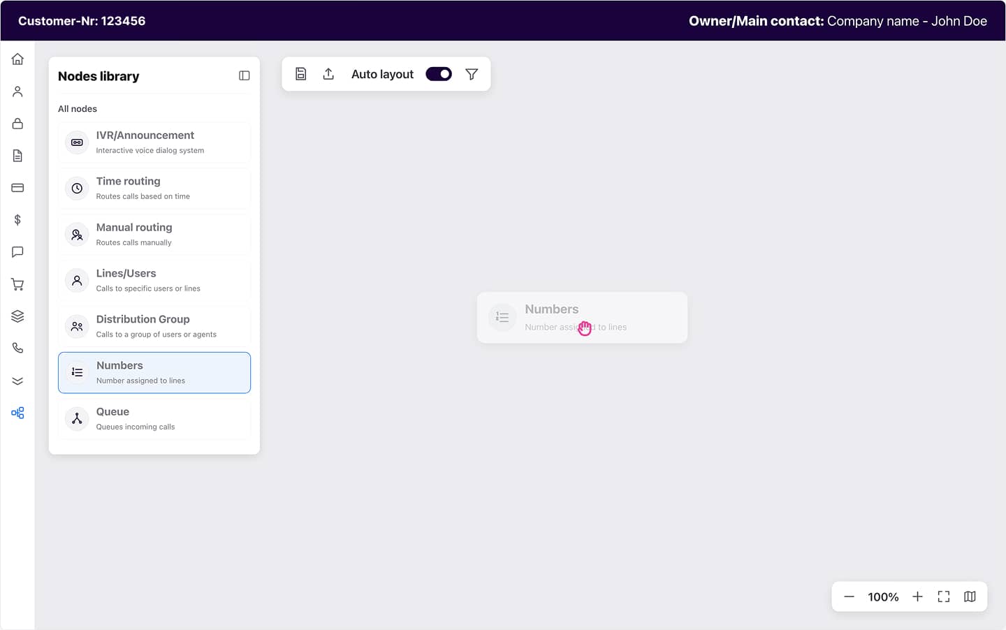 Nodes library panel with a Numbers node being dragged onto the call flow canvas