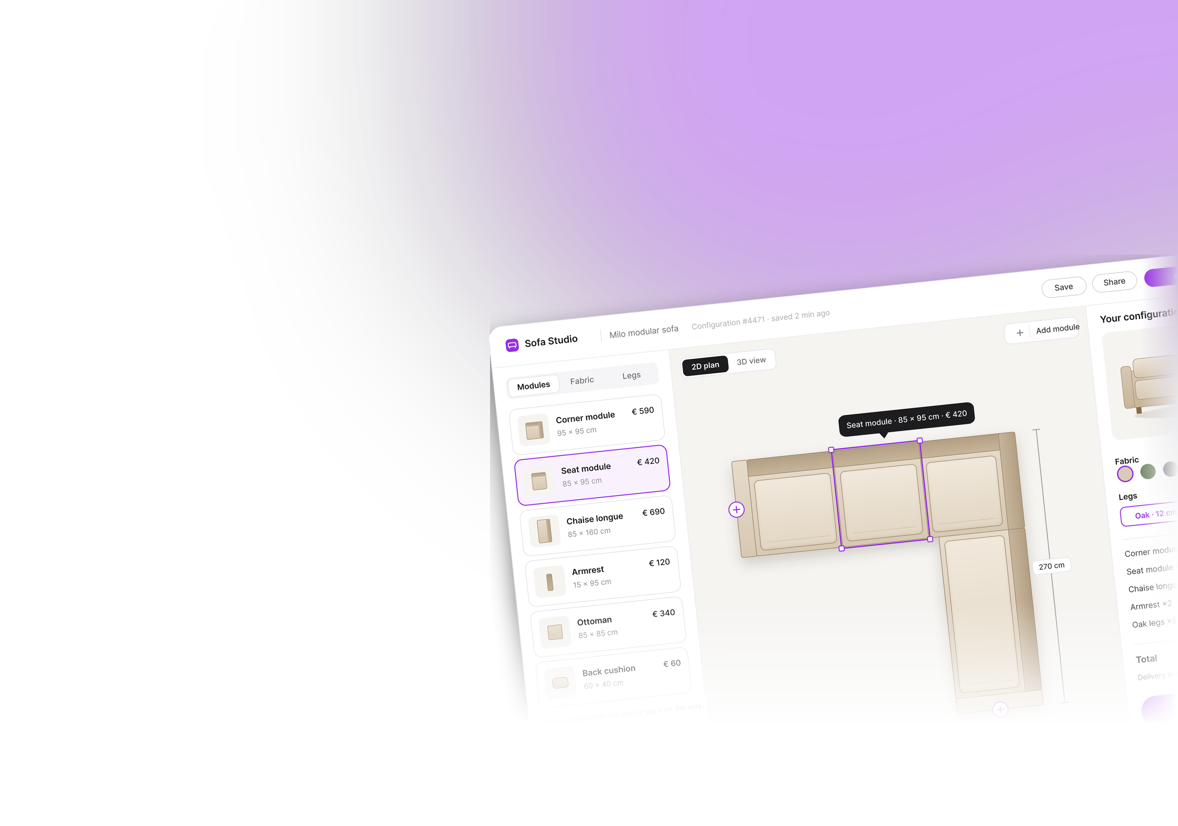 Sofa Studio configurator: modular sofa assembled on a 2D plan with fabric and leg options, live price and parts list.