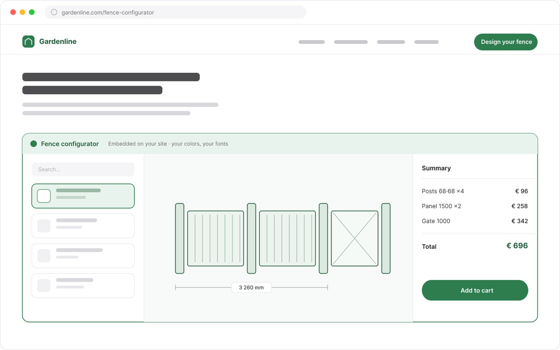 Fence configurator embedded in a product page of an online store, with a summary panel and Add to cart button.