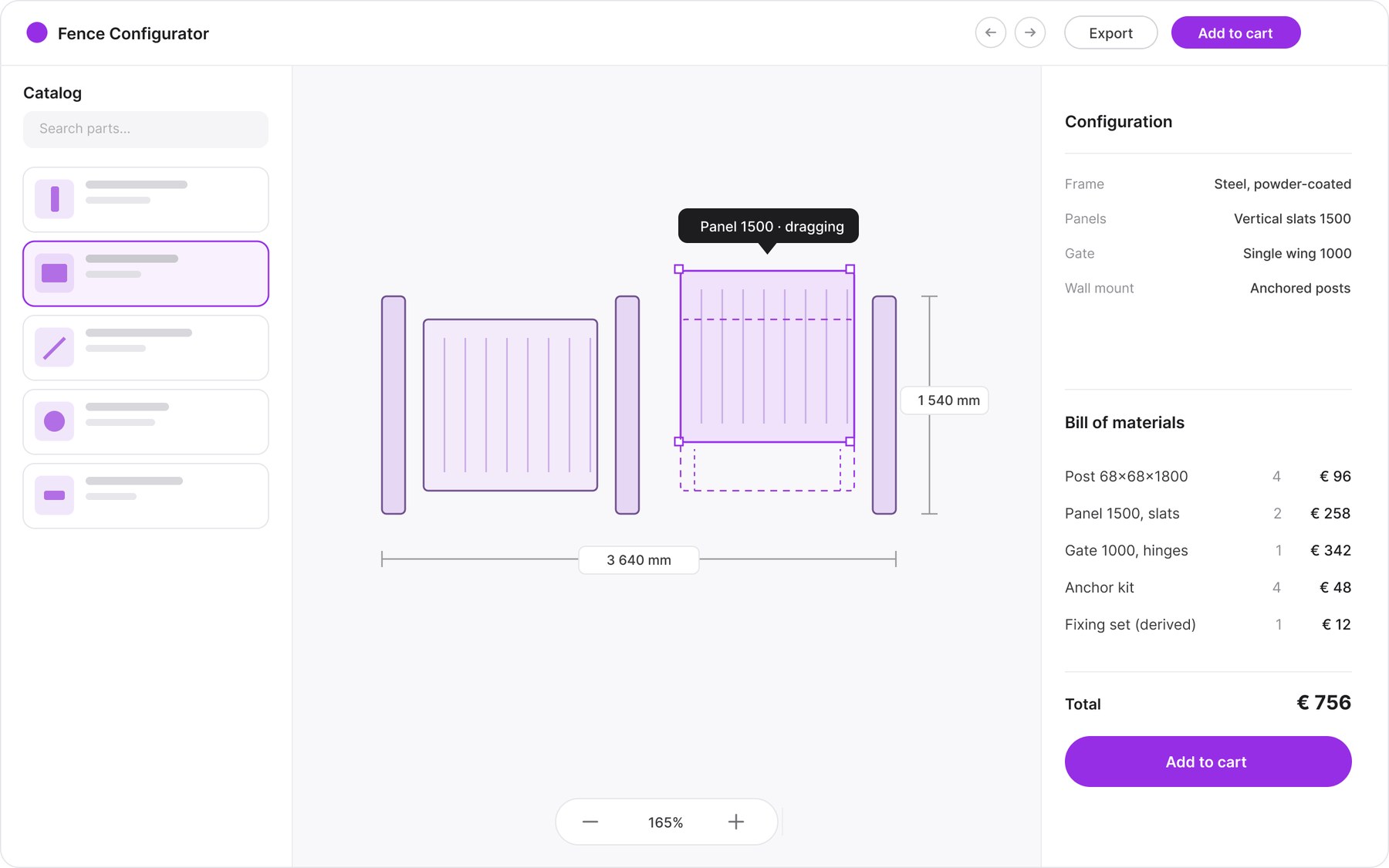 2D canvas of the configurator with a fence assembled from panels and a gate, dimensions shown, and a live bill of materials.