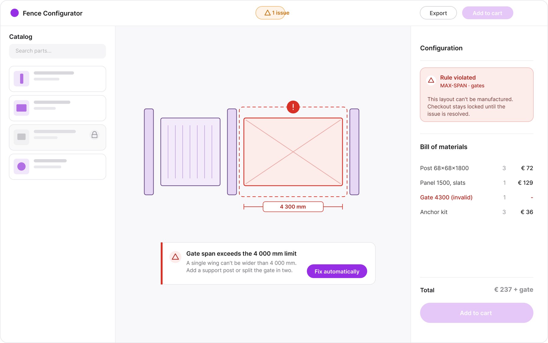 Configurator flagging a gate that exceeds the maximum span, with the rule violation explained and the parts list updated.