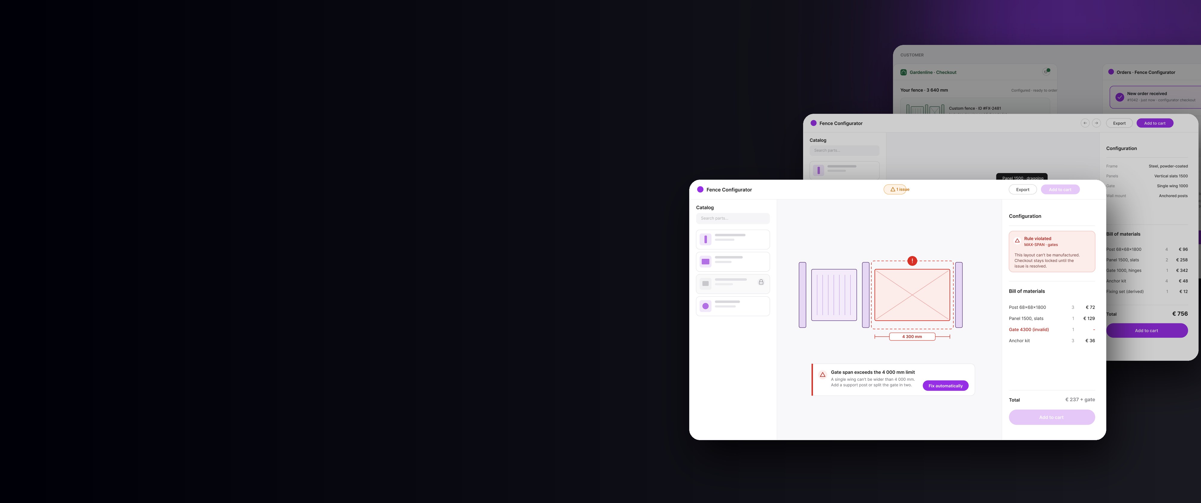 Product configurator UI: bill of materials and a rule-based flow editor.