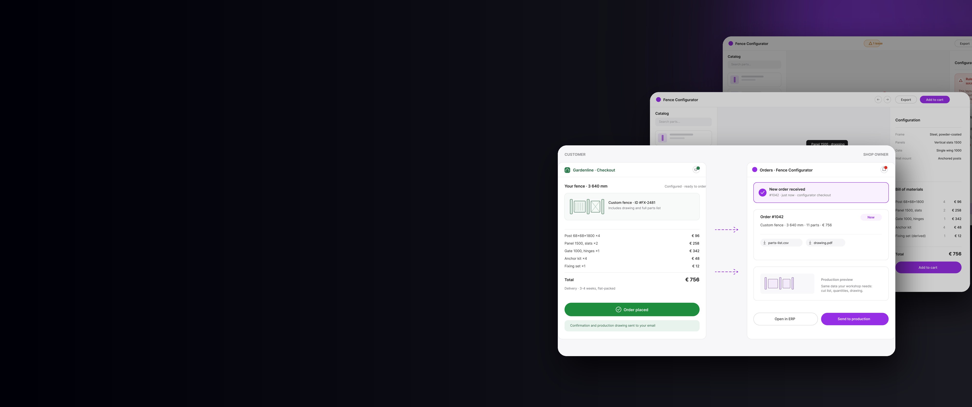 Product configurator UI: bill of materials and a rule-based flow editor.
