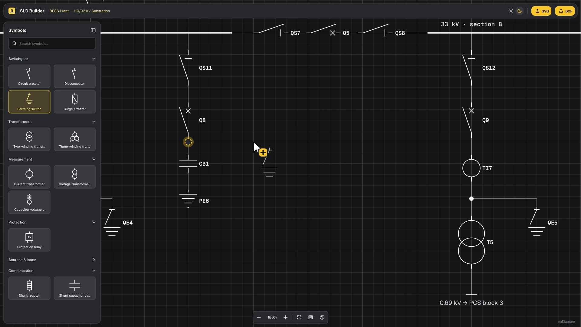 SLD editor: a symbol dragged from the library onto a live connection of a Single Line Diagram