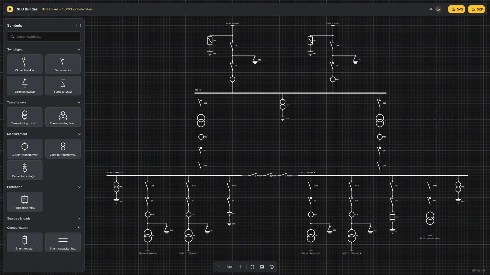 Whole BESS plant Single Line Diagram with both grid connections and all feeders on one canvas