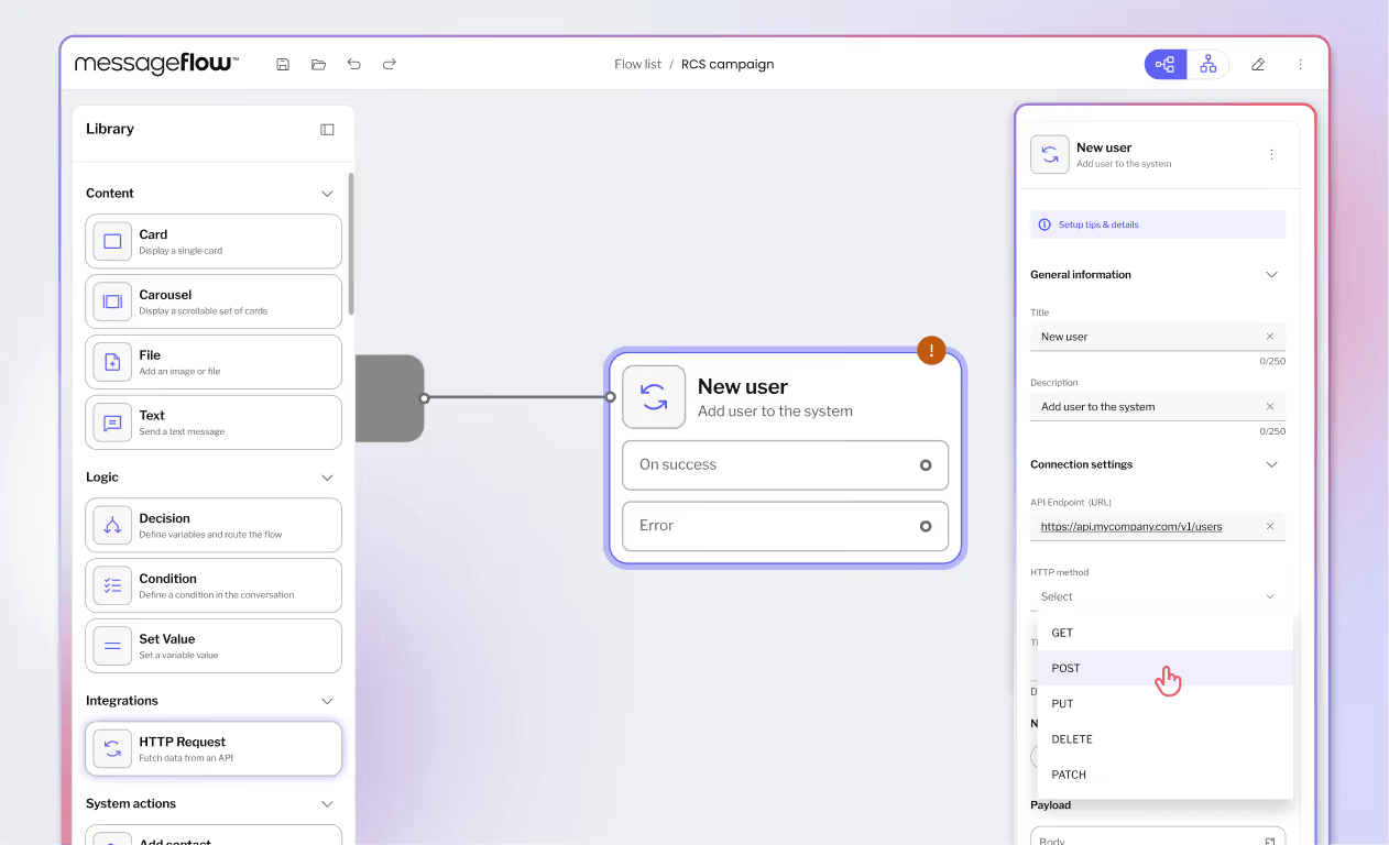 A workflow editor with a selected "New user" node and a properties panel showing an open HTTP method dropdown.