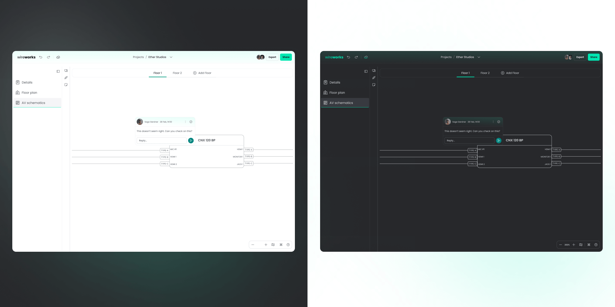 The same AV schematics editor in light and dark mode.