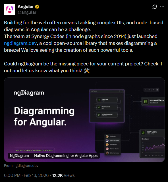 Angular offcial X account sharing information about ngDiagram release
