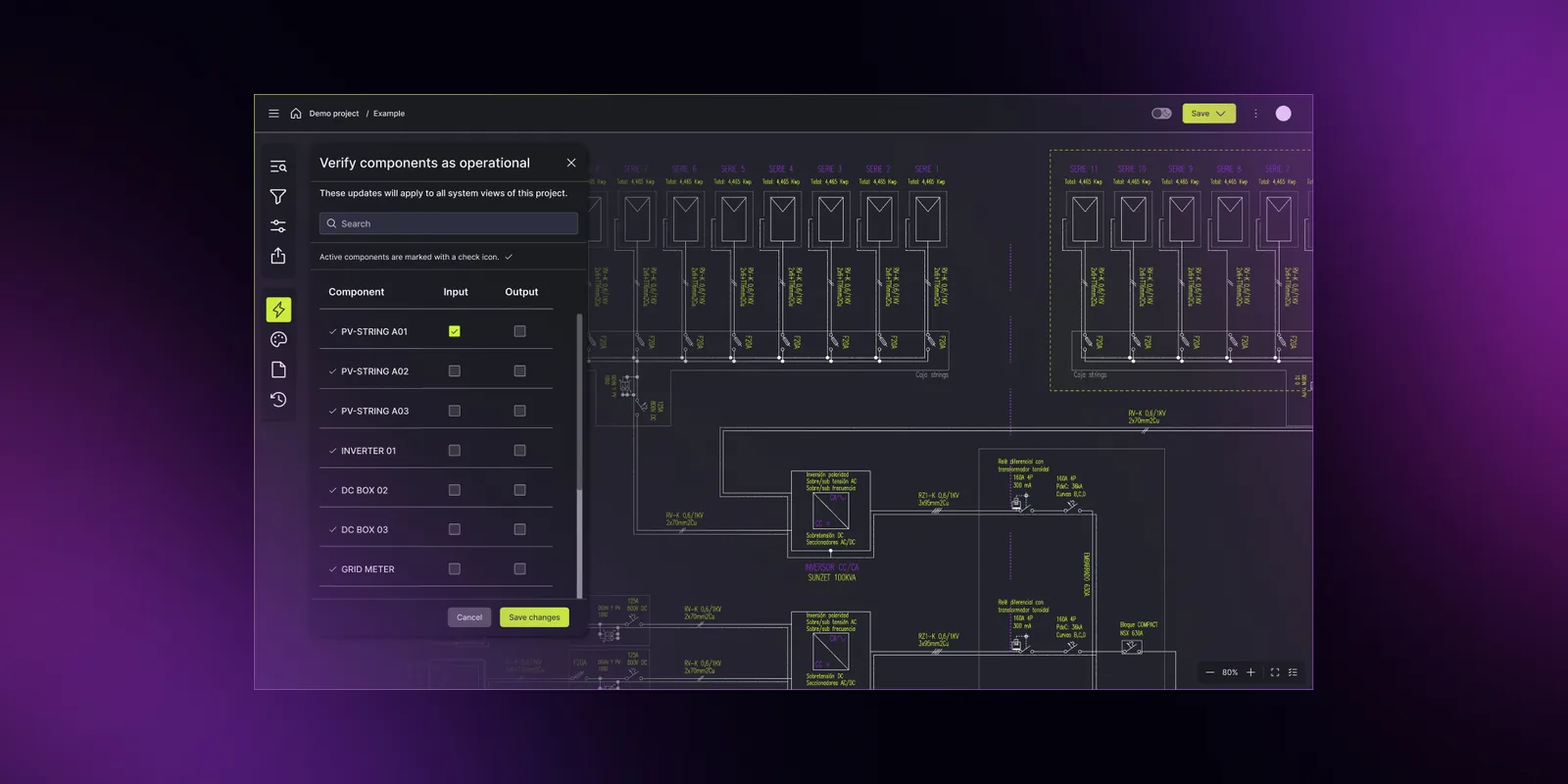 Verify components panel in a custom electrical design tool showing input and output validation for PV strings, inverters, and grid meters