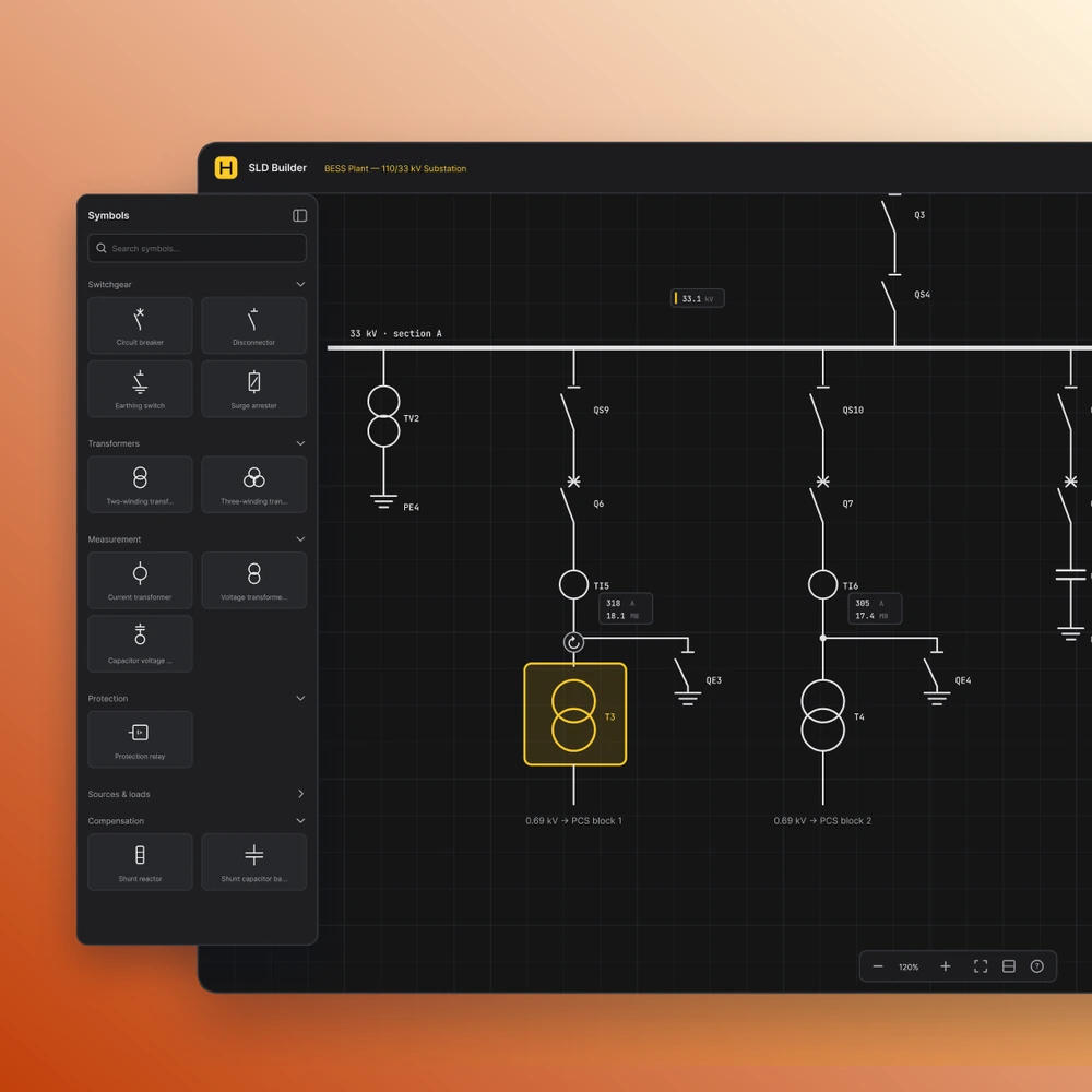 Single Line Diagram editor with symbol library and a live BESS substation diagram