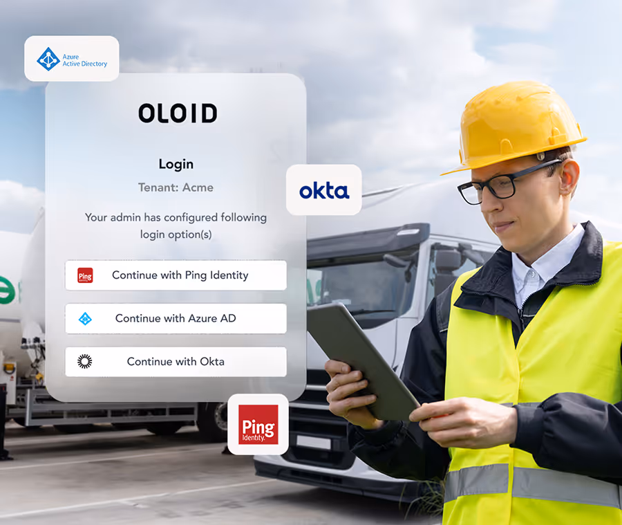 Logistics worker using tablet to access SSO login screen with multiple identity provider options