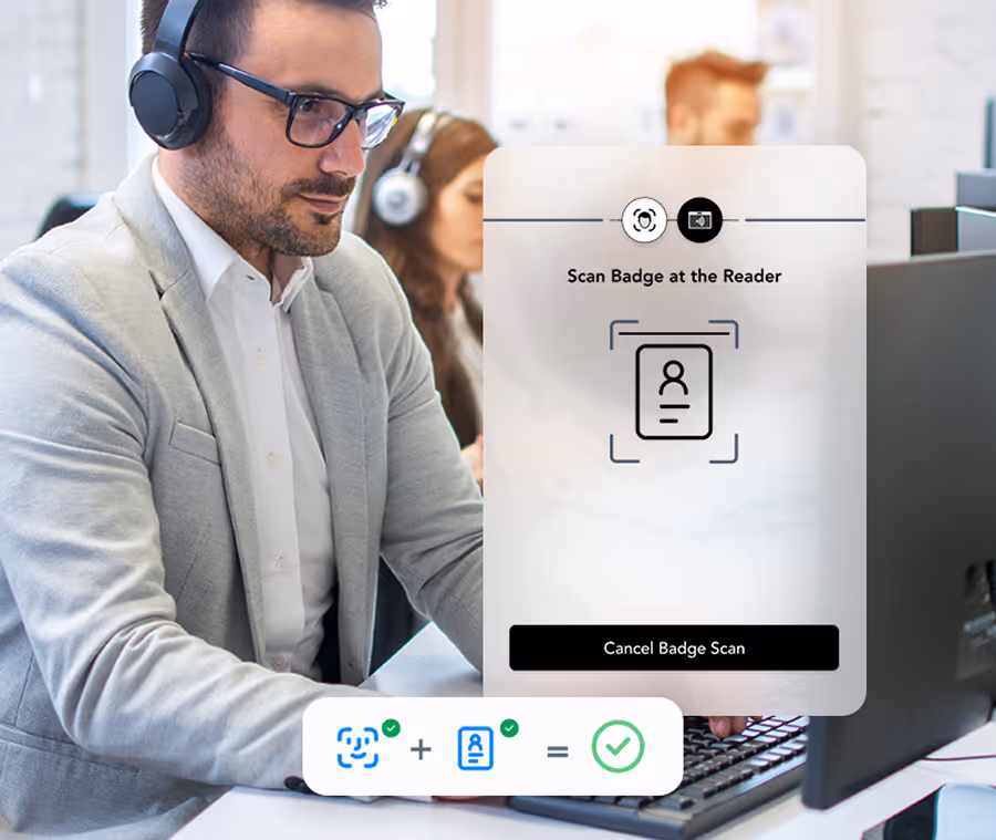 Call center employee scanning badge for phishing-resistant multifactor authentication