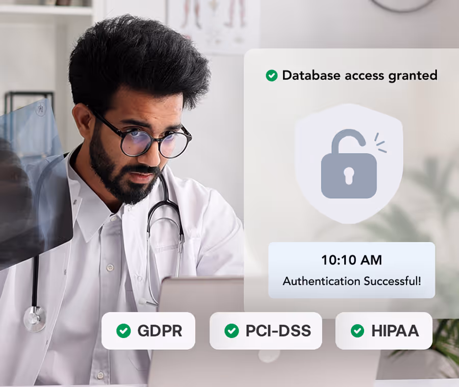 Medical professional accessing database with OT system security compliance badges shown