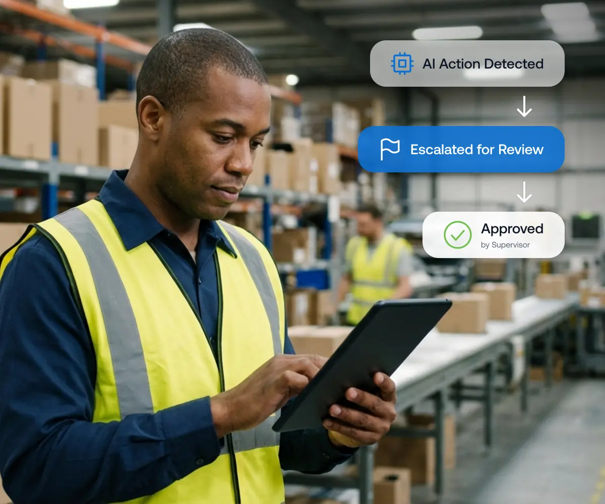 Warehouse worker reviewing an AI-initiated action on a tablet: detected, escalated for review, then approved by a supervisor