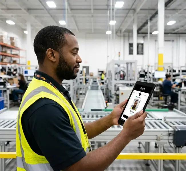 Warehouse worker in a high-visibility vest signing in by face on an OLOID tablet beside a conveyor line