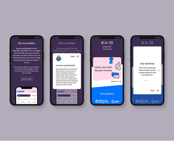 Four pages of IncomeMax's website shown on four mobile devices all lined up neatly.