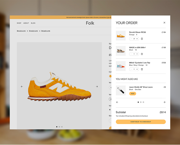 A flat screenshot, of a Shopify theme named 'Folk', showing off the shopping cart user interface.