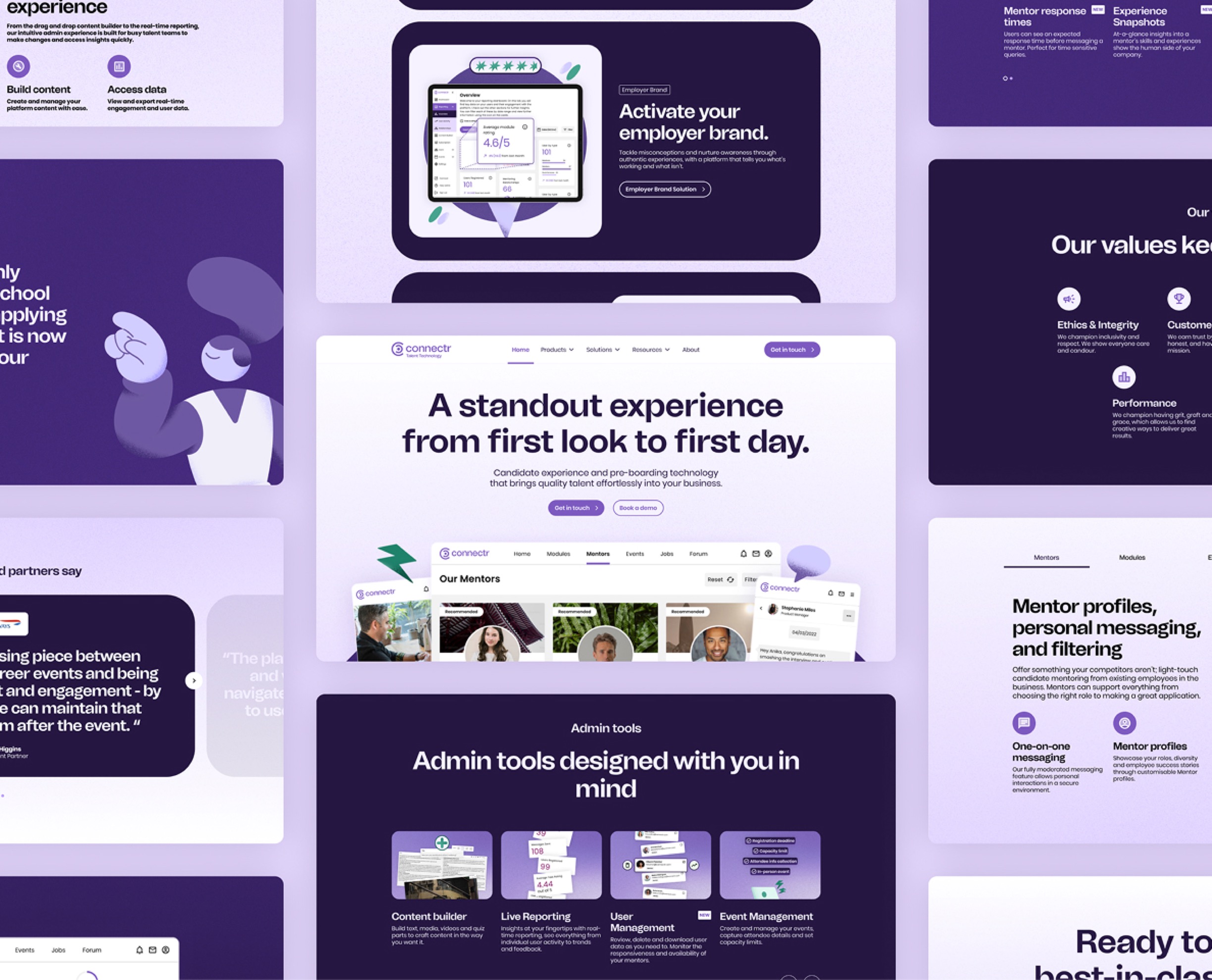 Multiple screenshots of Connectr's website displayed in an organised grid.