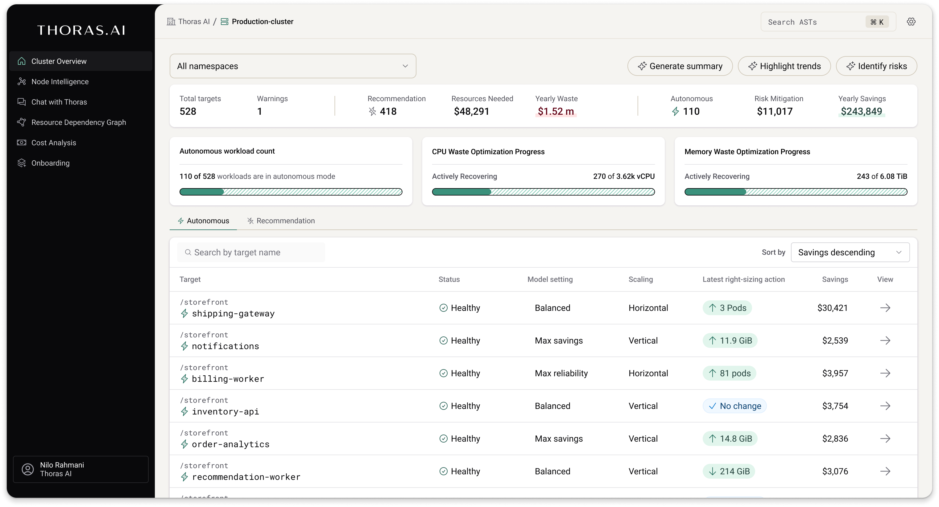 Thoras dashboard showing a summary of your cluster's workloads