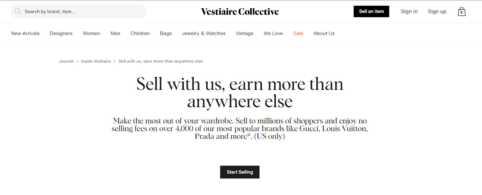 A screenshot of Vestiaire Collective’s website with navigational buttons across the top. The majority of the screen is blank with the phrase “Sell with us, earn more than anywhere else.”