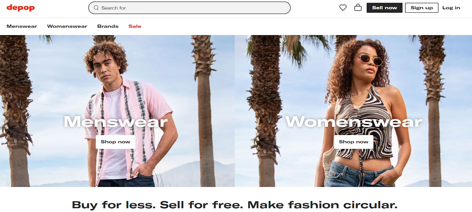 A screenshot of Depop’s landing page. On the left is an image of a man in a pink button-down shirt with the word “Menswear” overlaid, and on the right is an image of a woman in a black-and-white top with the word “Womenswear” overlaid.