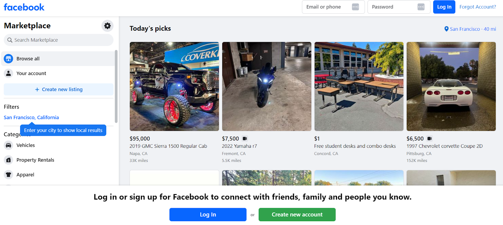 A screenshot of Facebook Marketplace’s website with navigation buttons across the left side. The middle of the screen is a selection of featured posts, including a motorcycle, student desks, and a truck.