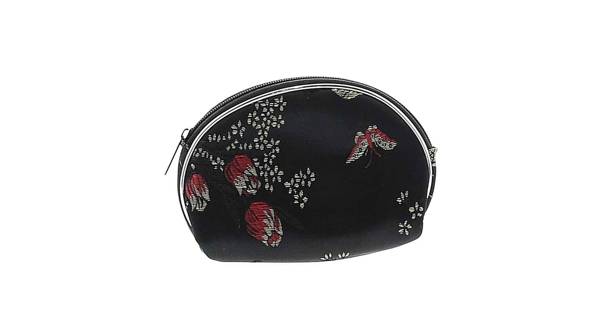 A black coin purse with floral design.