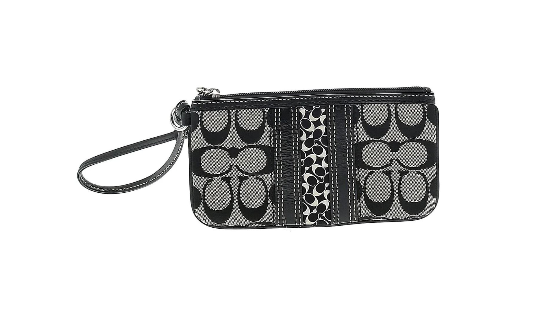 A black, gray, and white wristlet purse.