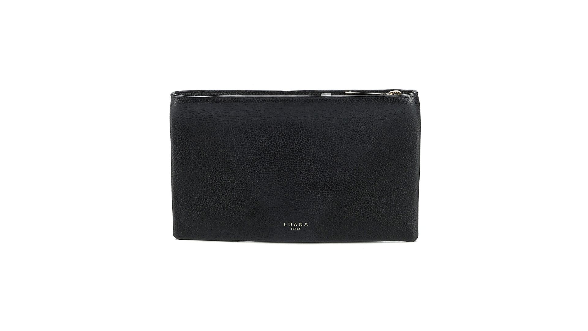 A black clutch bag featuring 'Luana Italy' on the front.