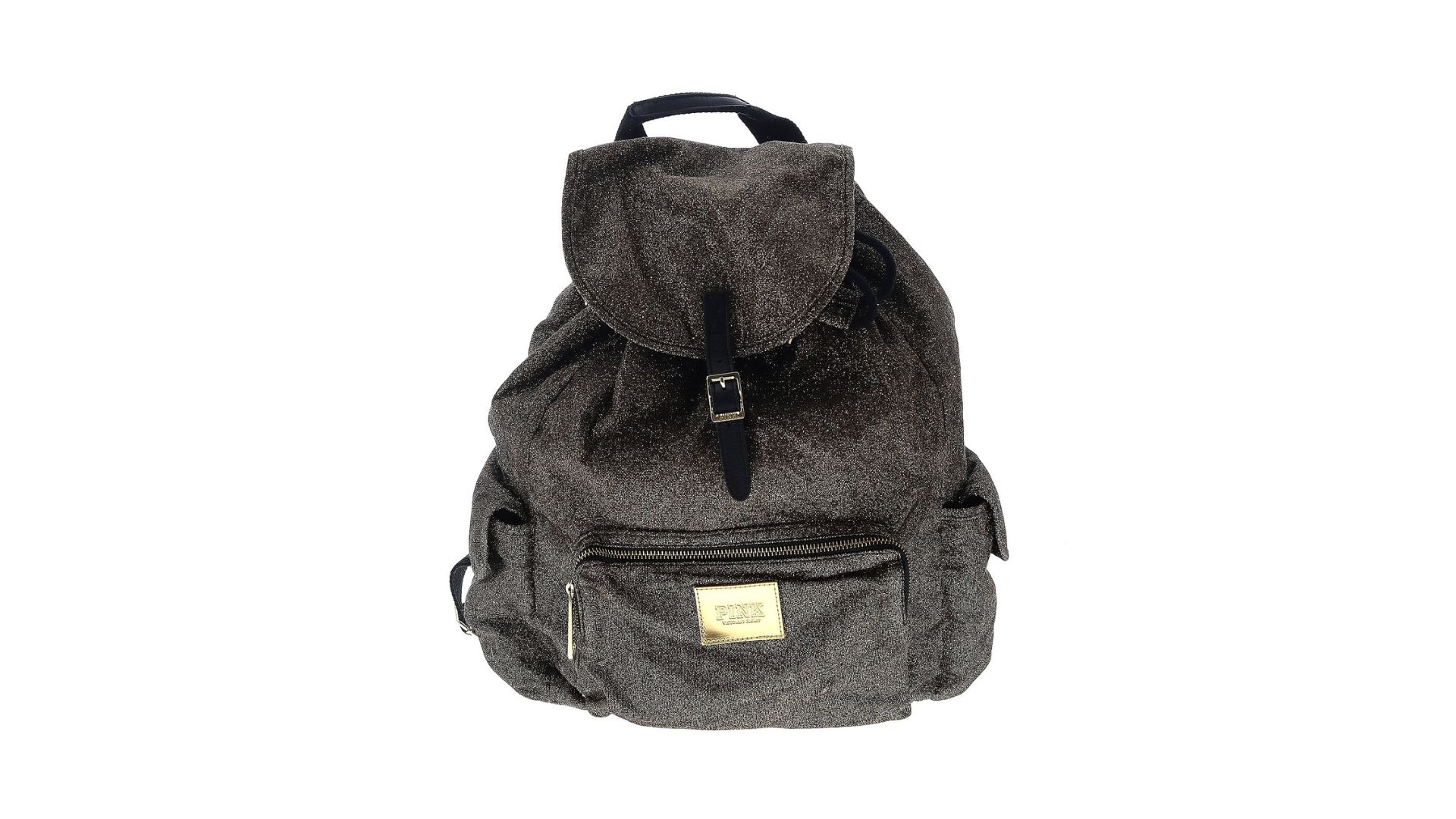 A black, shiny backpack featuring 'Pink' on the front.