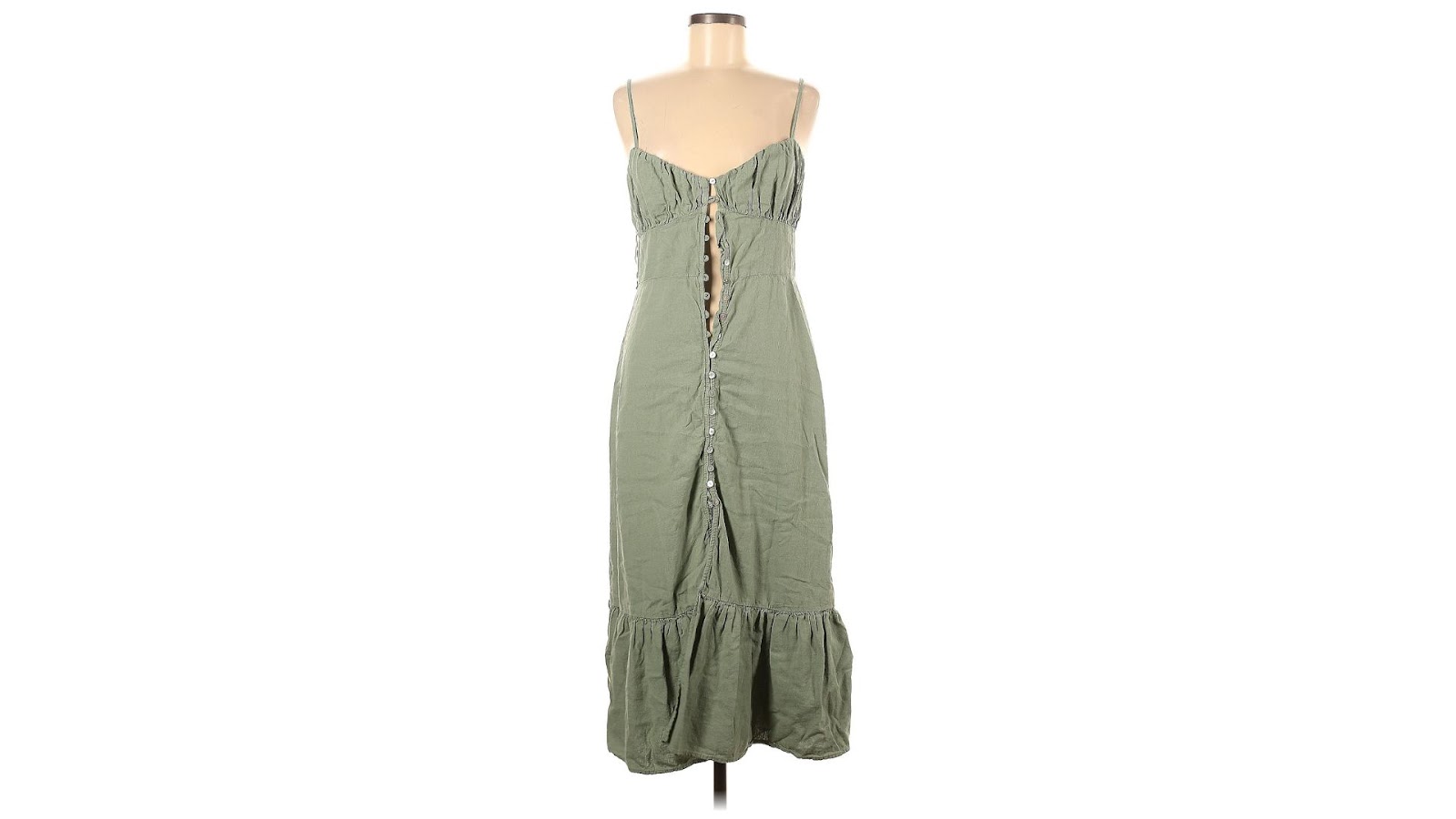 A green linen midi dress on a torso-only mannequin.