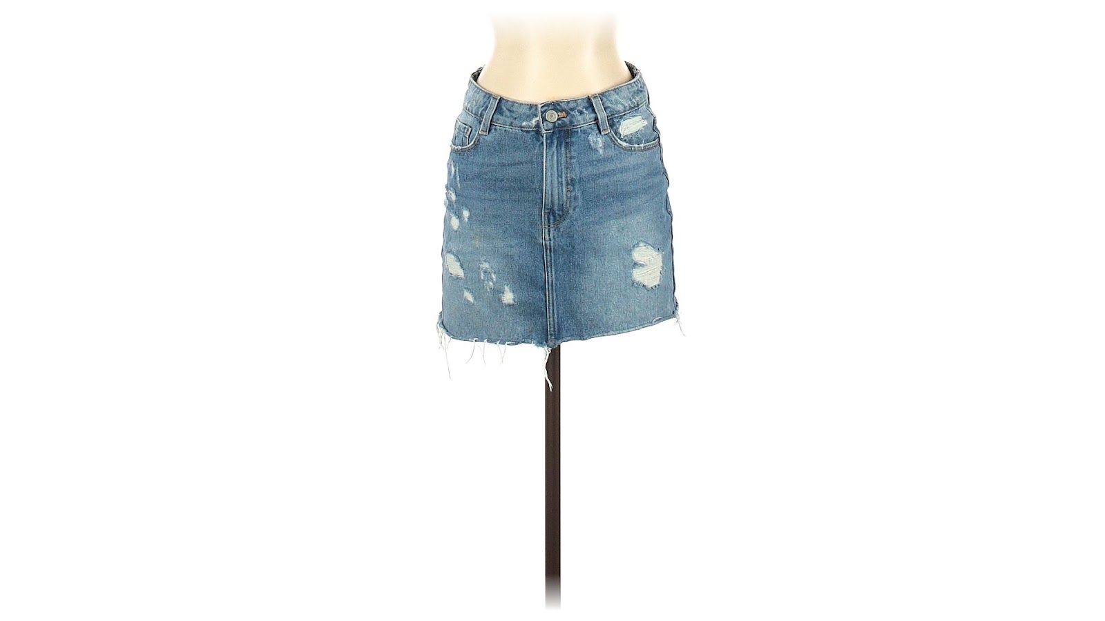 A denim mini skirt on a torso-only mannequin.