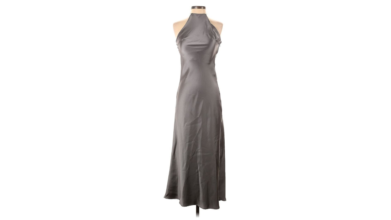A gray satin midi dress on a torso-only mannequin.