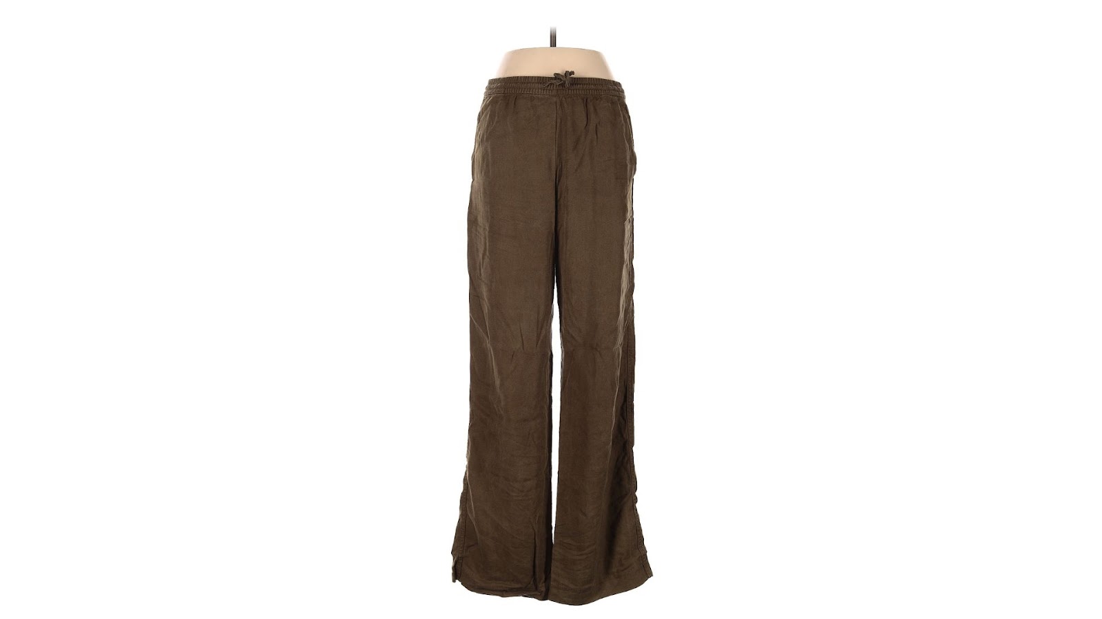 A pair of wide-leg brown pants on a torso-only mannequin.